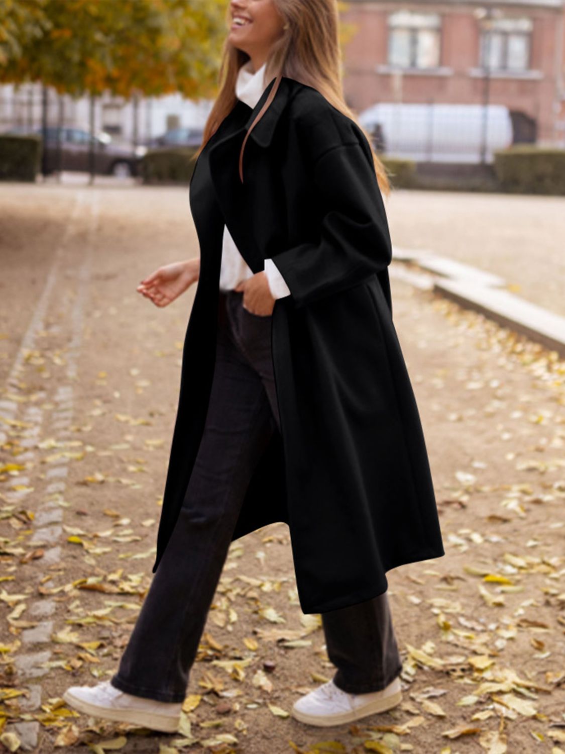 Pocketed Collared Neck Long Sleeve Coat-Angel Casuals
