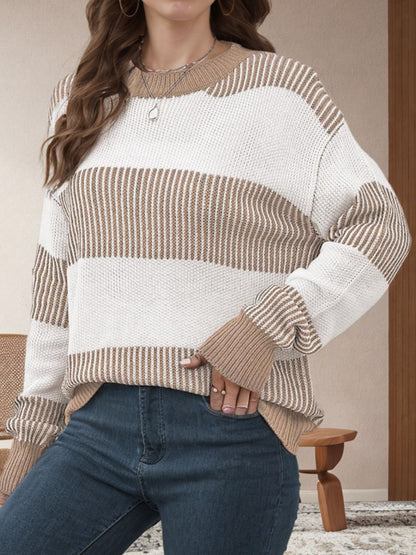 Striped Round Neck Long Sleeve Sweater-Angel Casuals