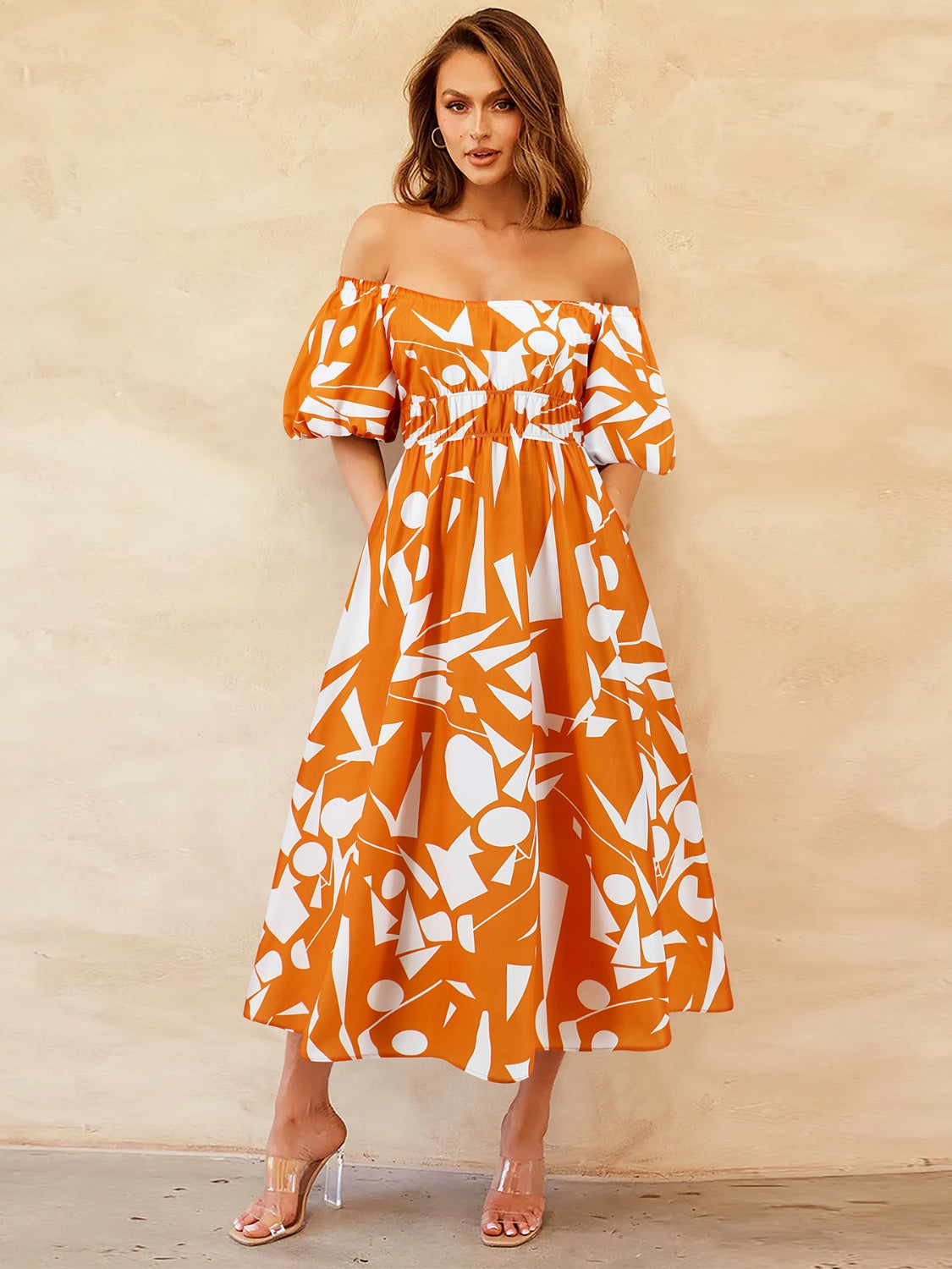 Printed Off-Shoulder Balloon Sleeve Dress-Angel Casuals