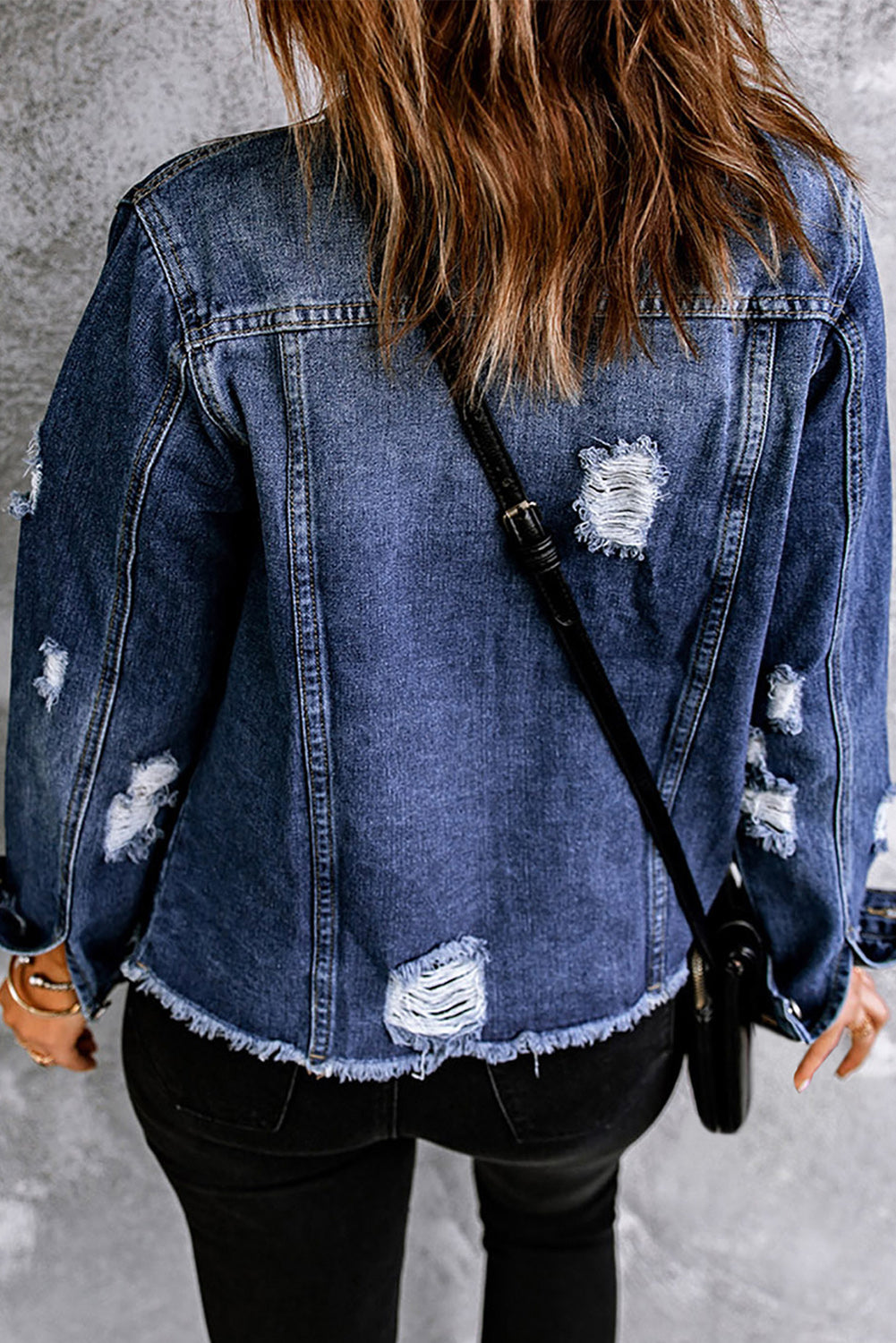 Mixed Print Distressed Button Front Denim Jacket-Angel Casuals