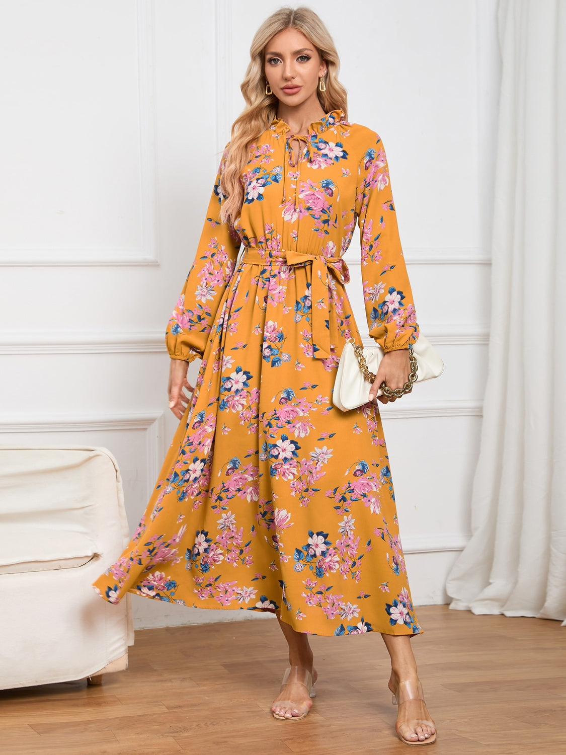 Floral Tie Front Balloon Sleeve Dress-Angel Casuals