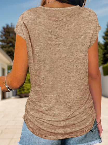 Full Size Half Zip Cap Sleeve T-Shirt-Angel Casuals