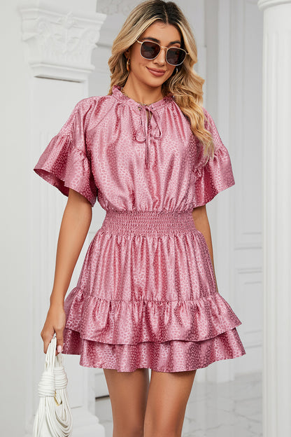 Smocked Tie Neck Flounce Sleeve Dress-Angel Casuals