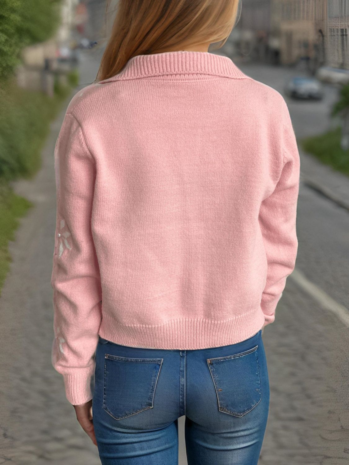 Pearl Trim Collared Neck Long Sleeve Cardigan-Angel Casuals