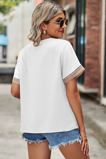 Openwork V-Neck Short Sleeve T-Shirt-Angel Casuals