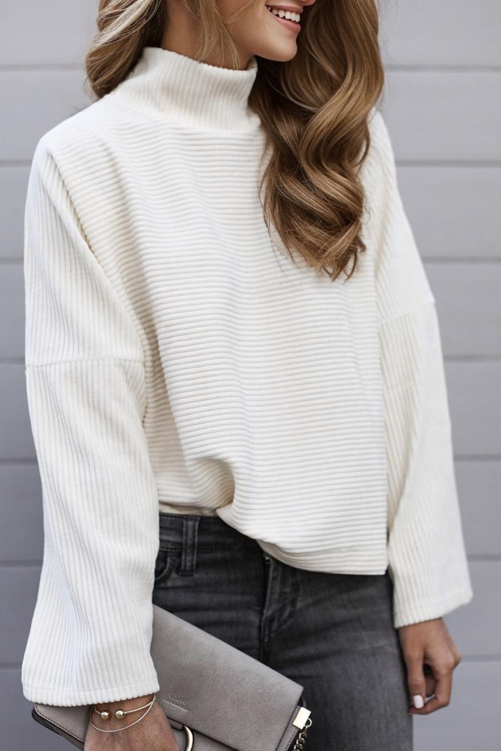 Turtleneck Slit Dropped Shoulder Sweater-Angel Casuals