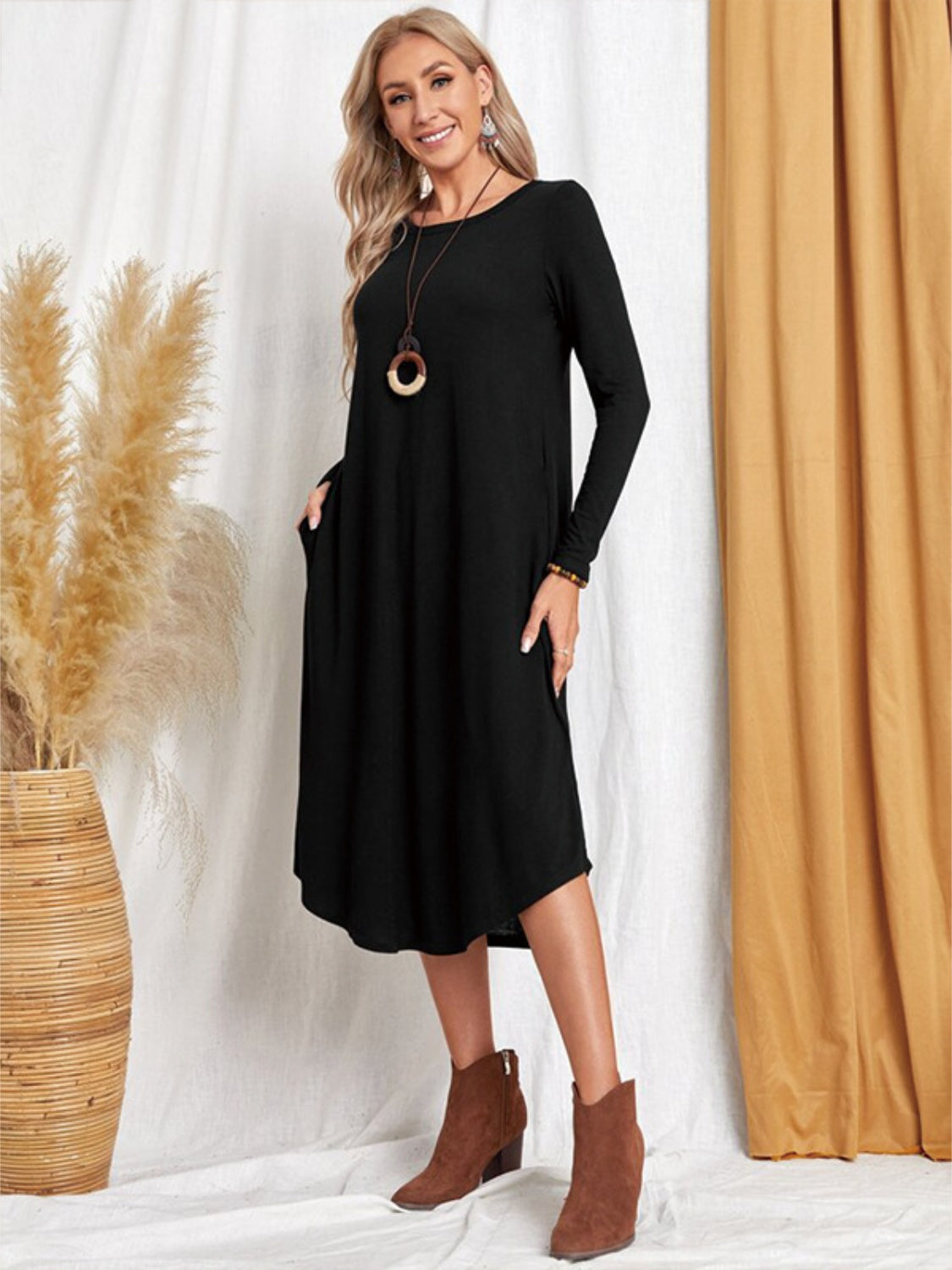 Pocketed Round Neck Long Sleeve Tee Dress-Angel Casuals