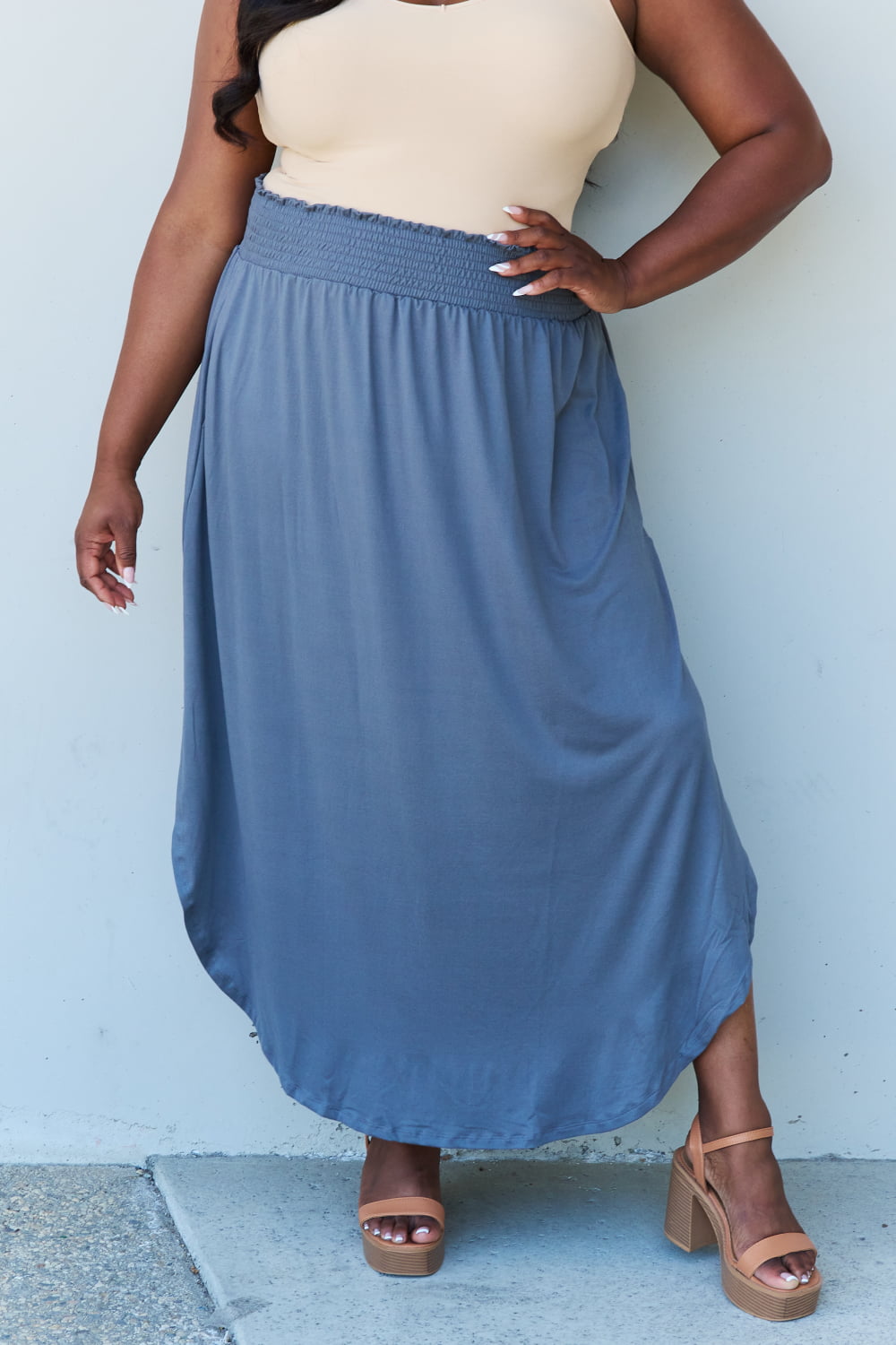 Doublju Comfort Princess Full Size High Waist Scoop Hem Maxi Skirt in Dusty Blue-Angel Casuals