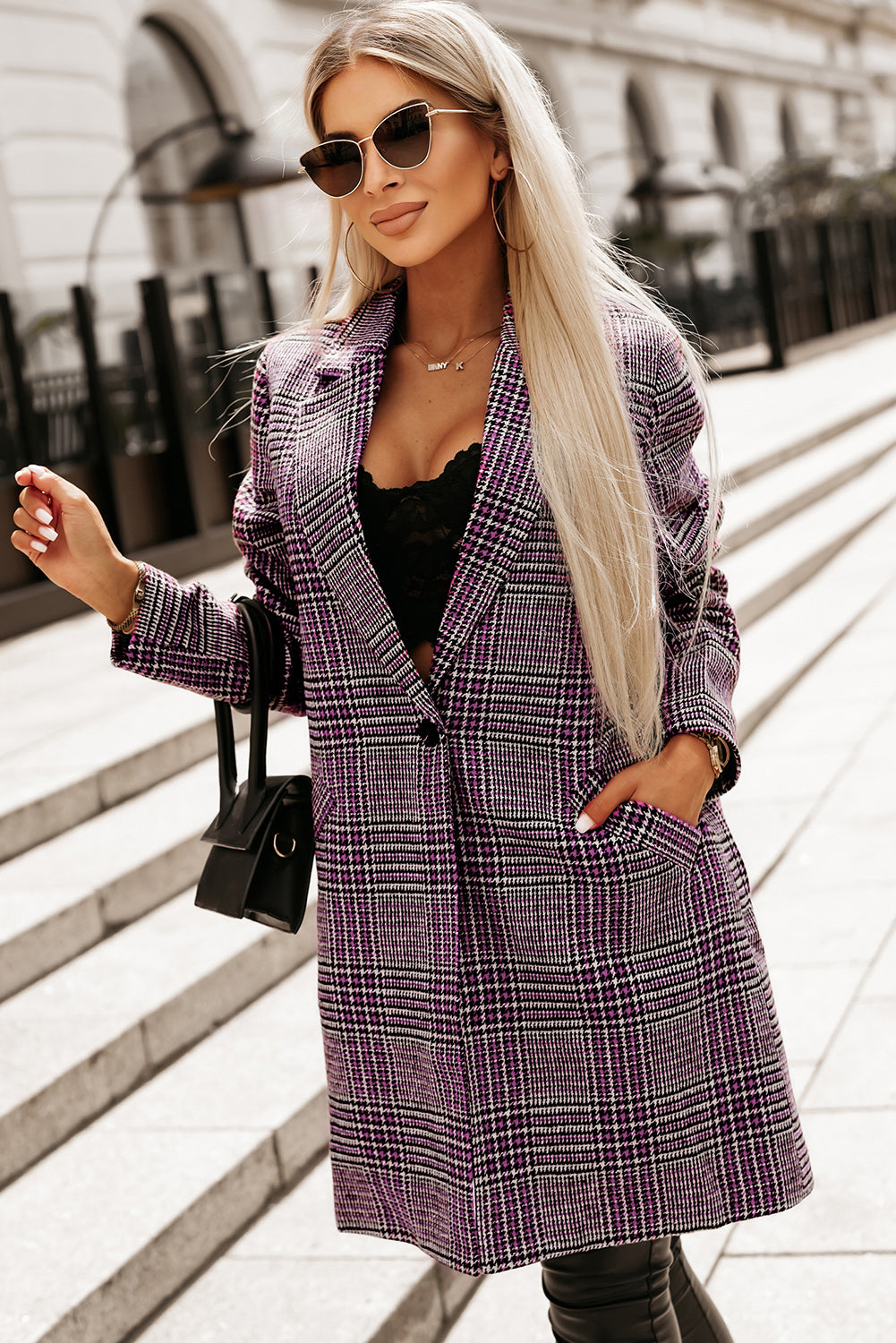 Plaid Lapel Collar Longline Blazer-Angel Casuals