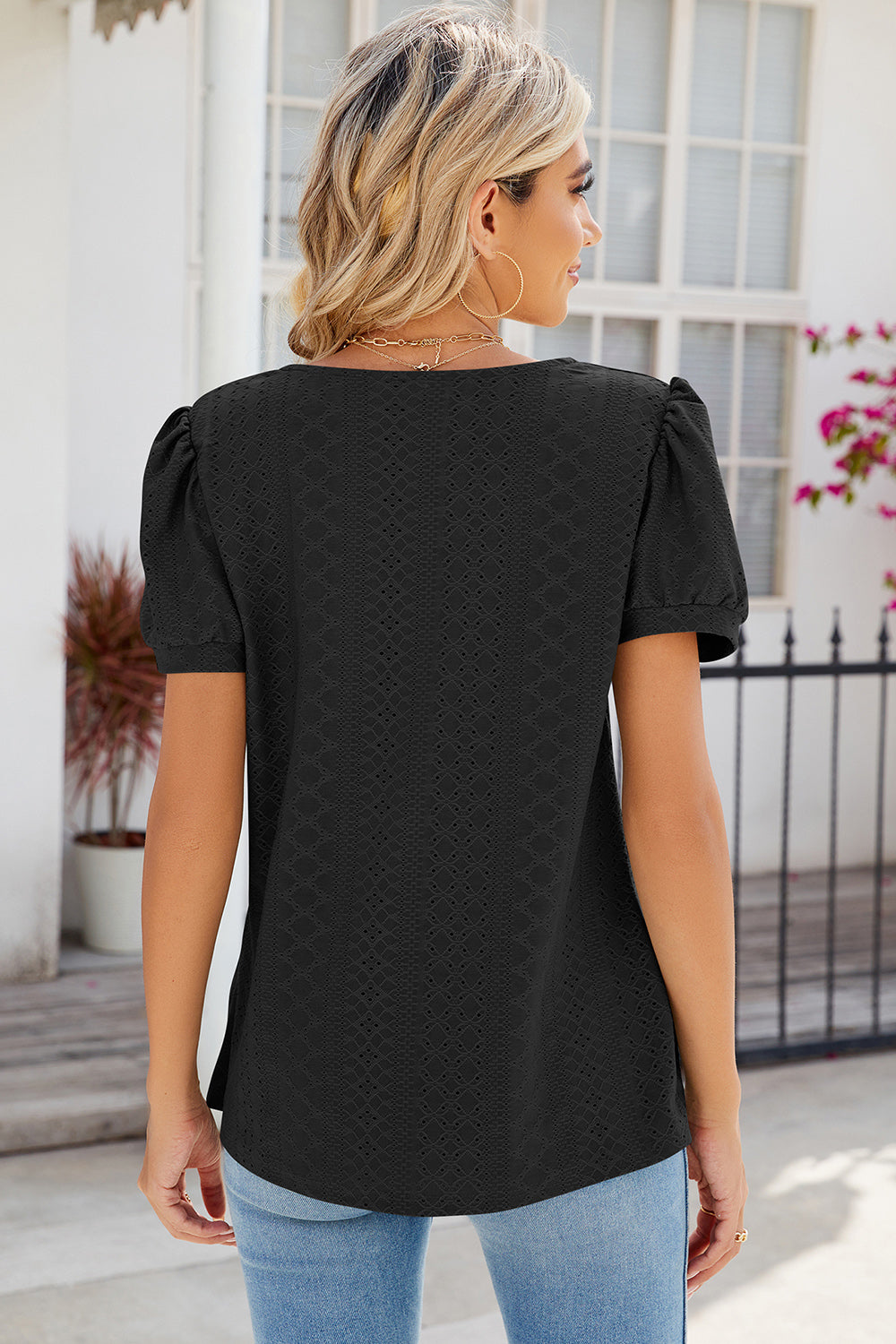 Eyelet Puff Sleeve T-Shirt-Angel Casuals