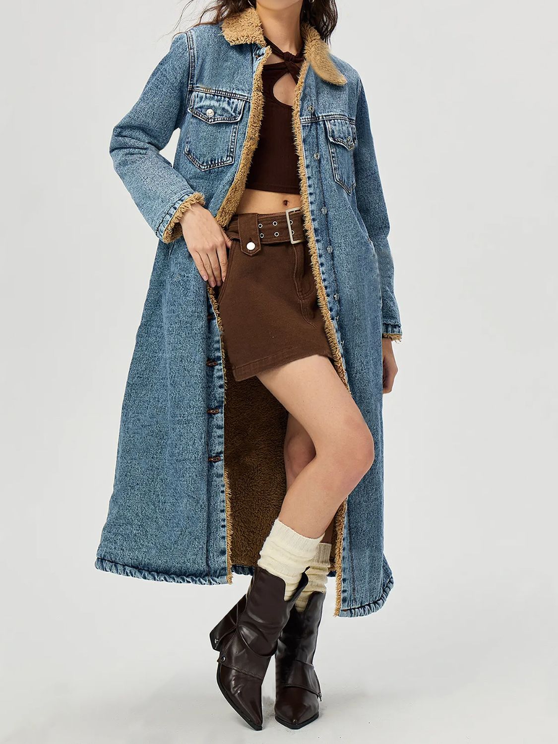 Pocketed Button Up Denim Jacket with Fur Lining-Angel Casuals