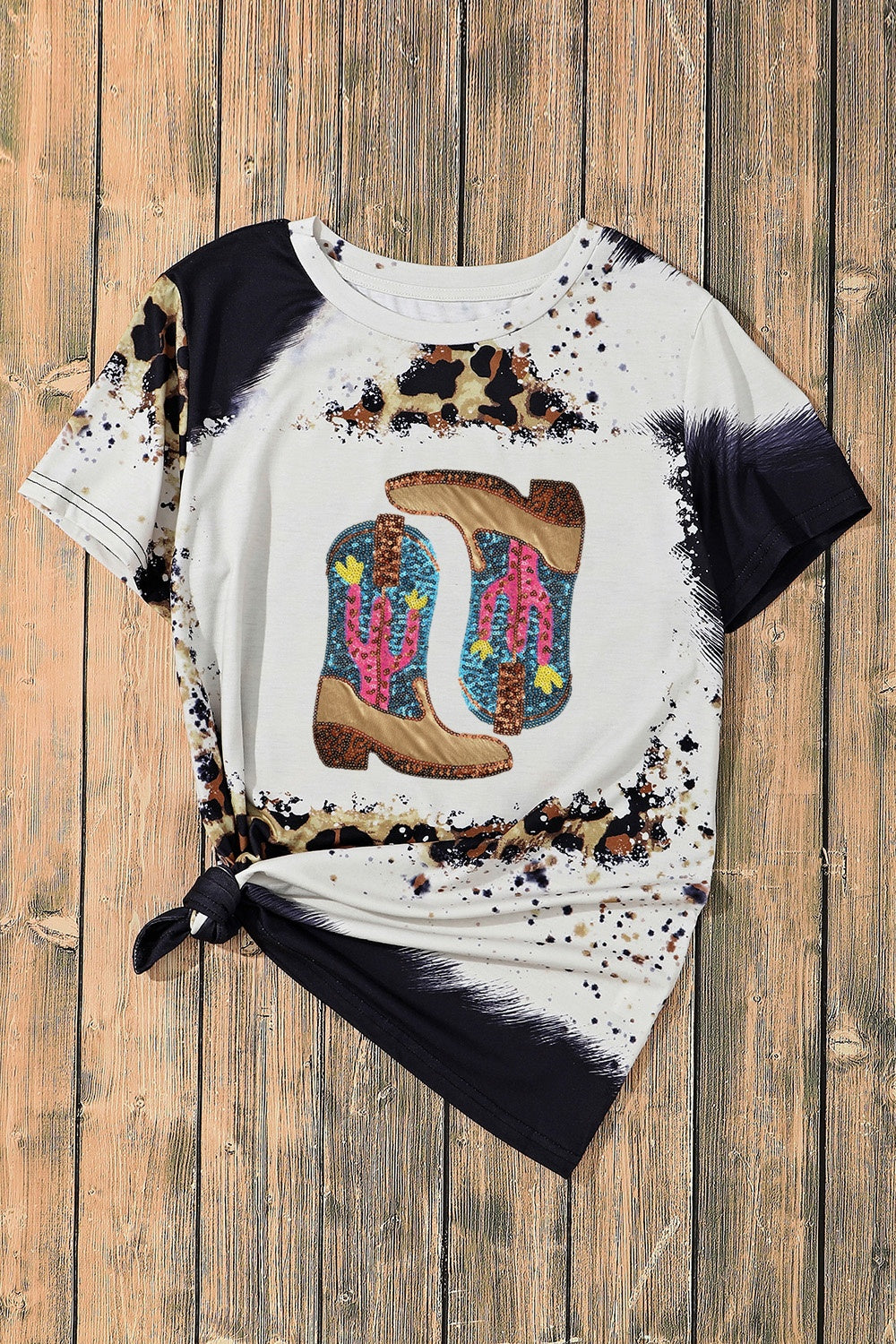 Sequin Boots Leopard Round Neck Short Sleeve T-Shirt-Angel Casuals