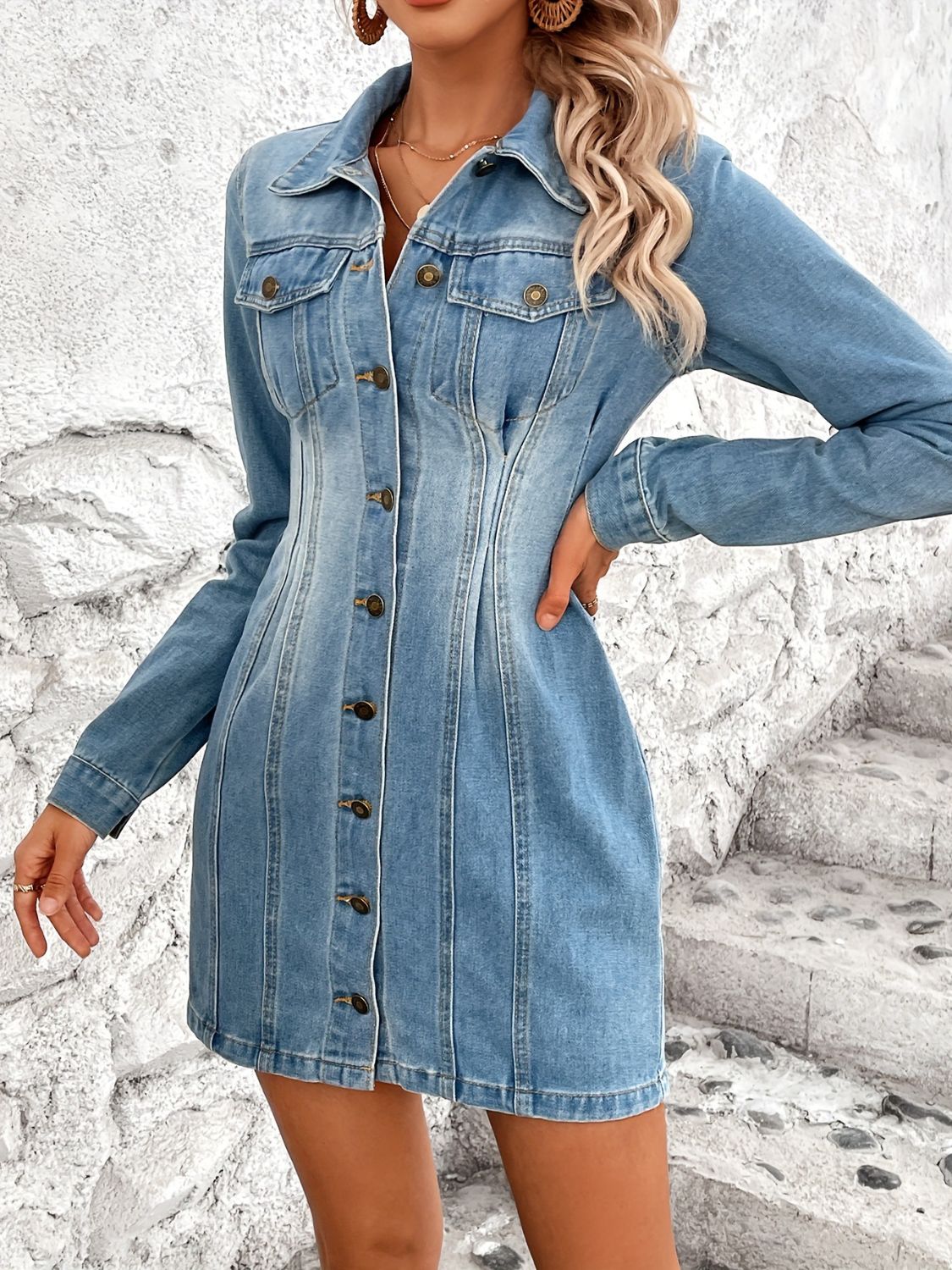 Pocketed Button Up Long Sleeve Denim Dress-Angel Casuals