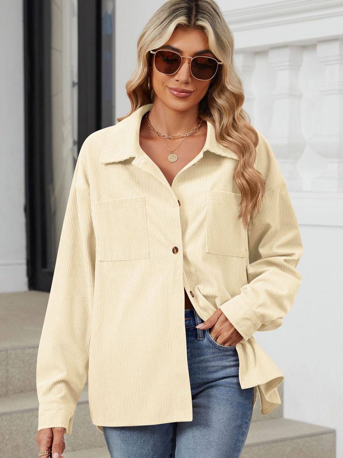 Button Up Dropped Shoulder Long Sleeve Outerwear-Angel Casuals