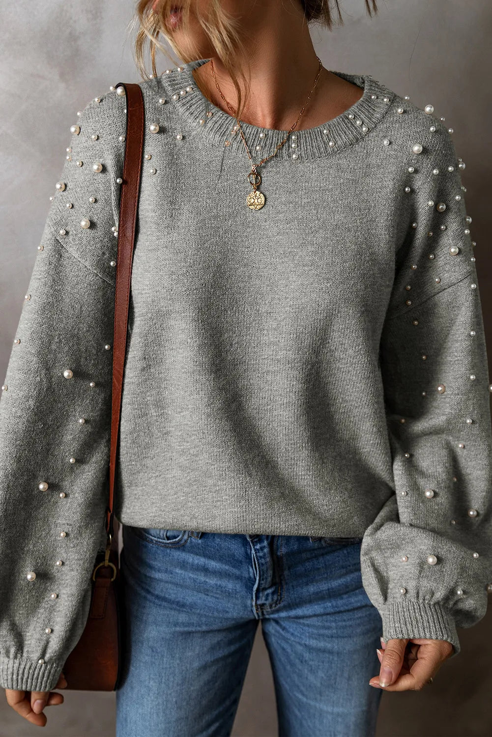 Pearl Detail Round Neck Long Sleeve Sweater-Angel Casuals