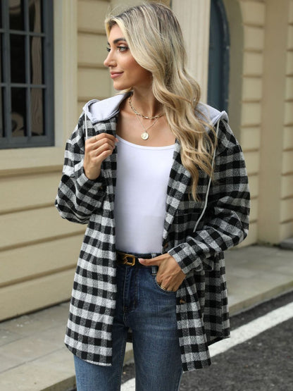 Drawstring Plaid Long Sleeve Hooded Jacket-Angel Casuals