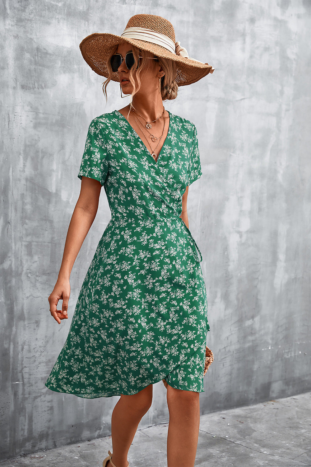 Floral Surplice Neck Flutter Sleeve Dress-Angel Casuals