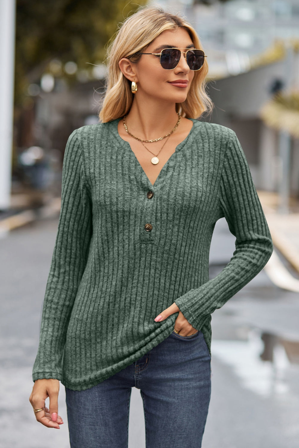 Lovelet Ribbed Half Button Long Sleeve Knit Top-Angel Casuals