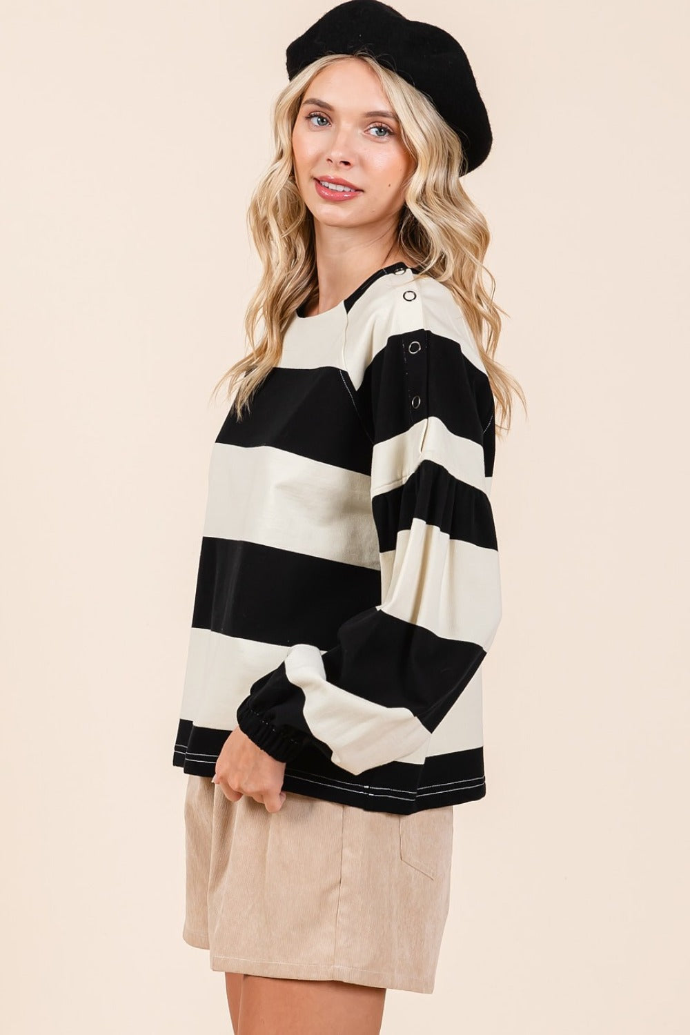 Mittoshop Striped Snap Shoulder Long Sleeve T-Shirt-Angel Casuals