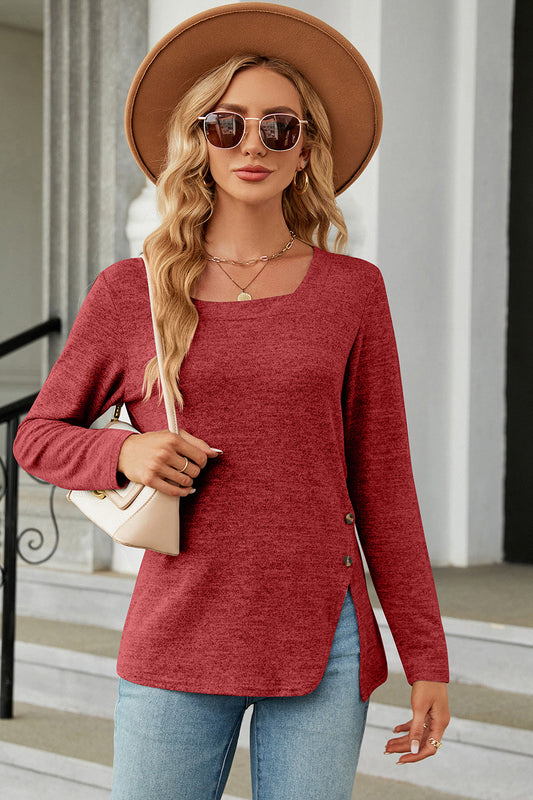 Slit Decorative Button Square Neck T-Shirt-Angel Casuals
