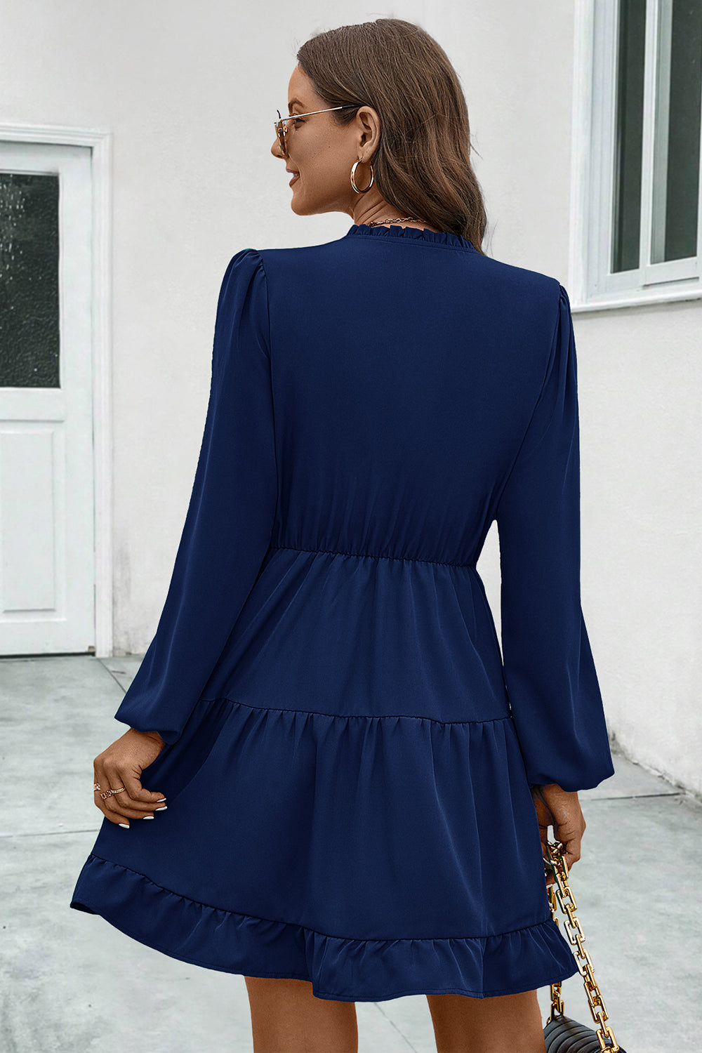 V-Neck Tie Neck Long Sleeve Dress-Angel Casuals