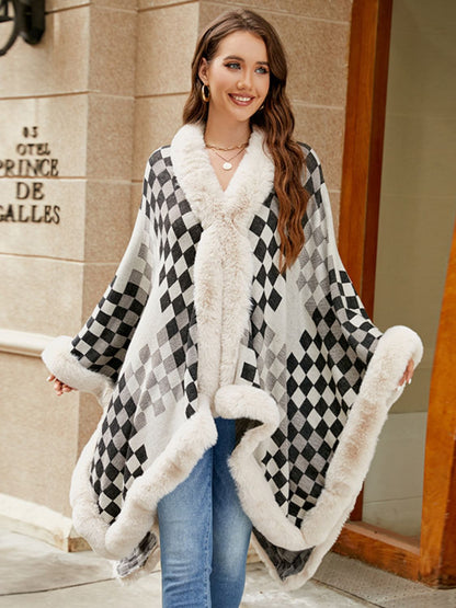 Fuzzy Checkered Long Sleeve Poncho-Angel Casuals