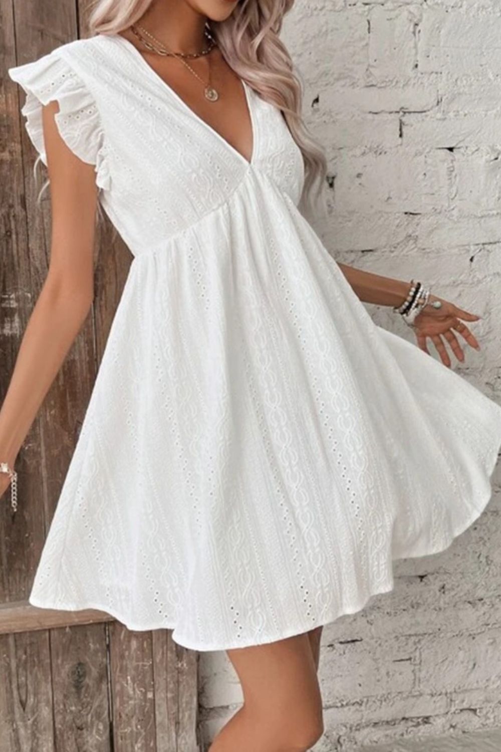 Eyelet Ruffled Cap Sleeve Mini Dress-Angel Casuals