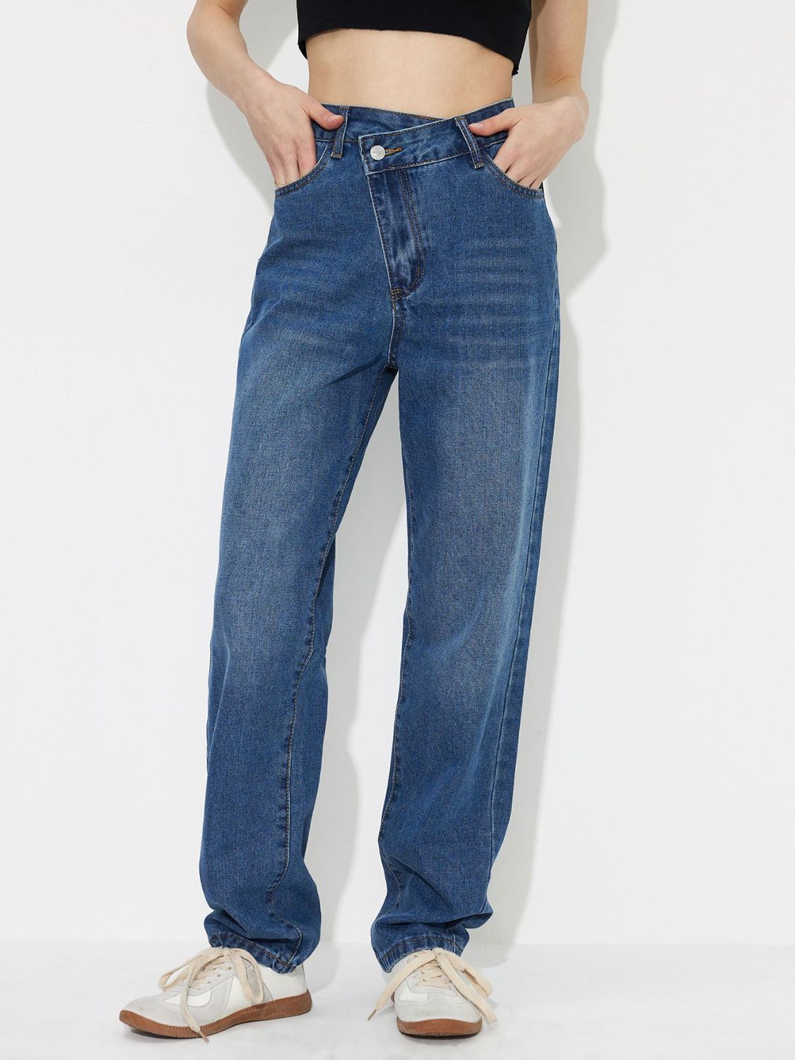 Asymmetric Waist Jeans with Pockets-Angel Casuals