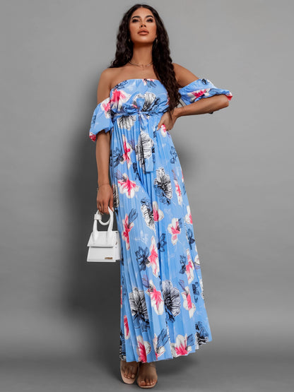 Pleated Floral Off-Shoulder Short Sleeve Midi Dress-Angel Casuals