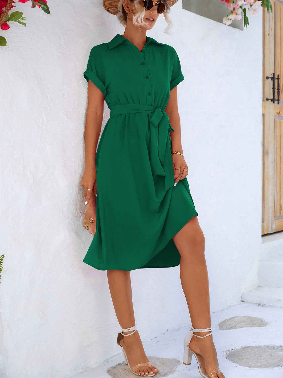 Buttoned Tie Waist Short Sleeve Dress-Angel Casuals