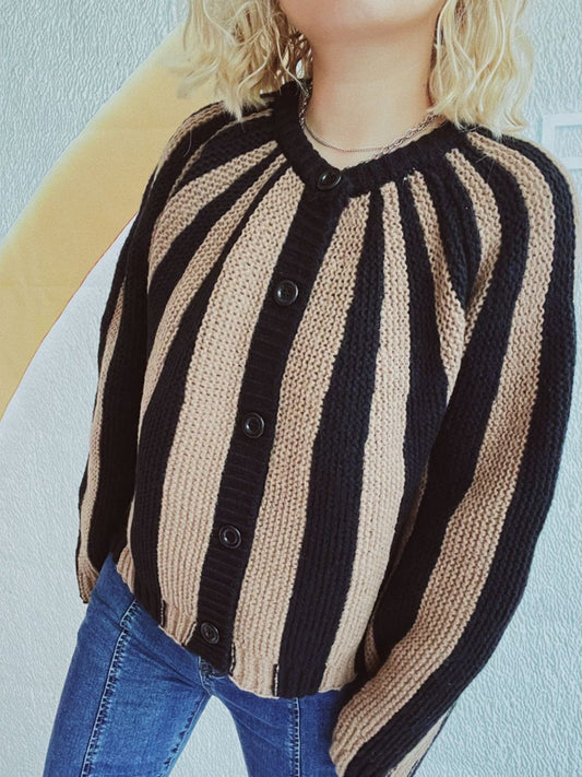 Contrast Stripes Button Down Long Sleeve Cardigan-Angel Casuals