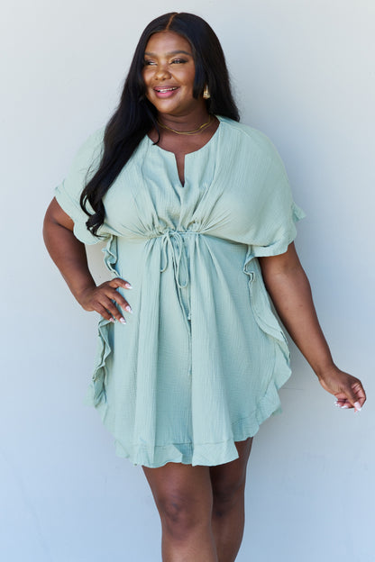 Ninexis Out Of Time Full Size Ruffle Hem Dress with Drawstring Waistband in Light Sage-Angel Casuals