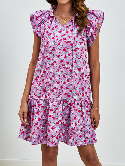 Tied Floral Cap Sleeve Mini Dress-Angel Casuals