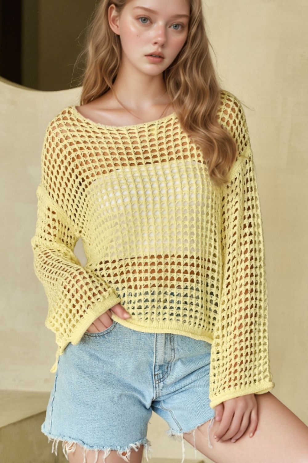 Openwork Round Neck Dropped Shoulder Knit Cover Up-Angel Casuals