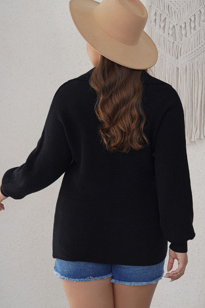 Plus Size Collared Neck Long Sleeve Sweater-Angel Casuals