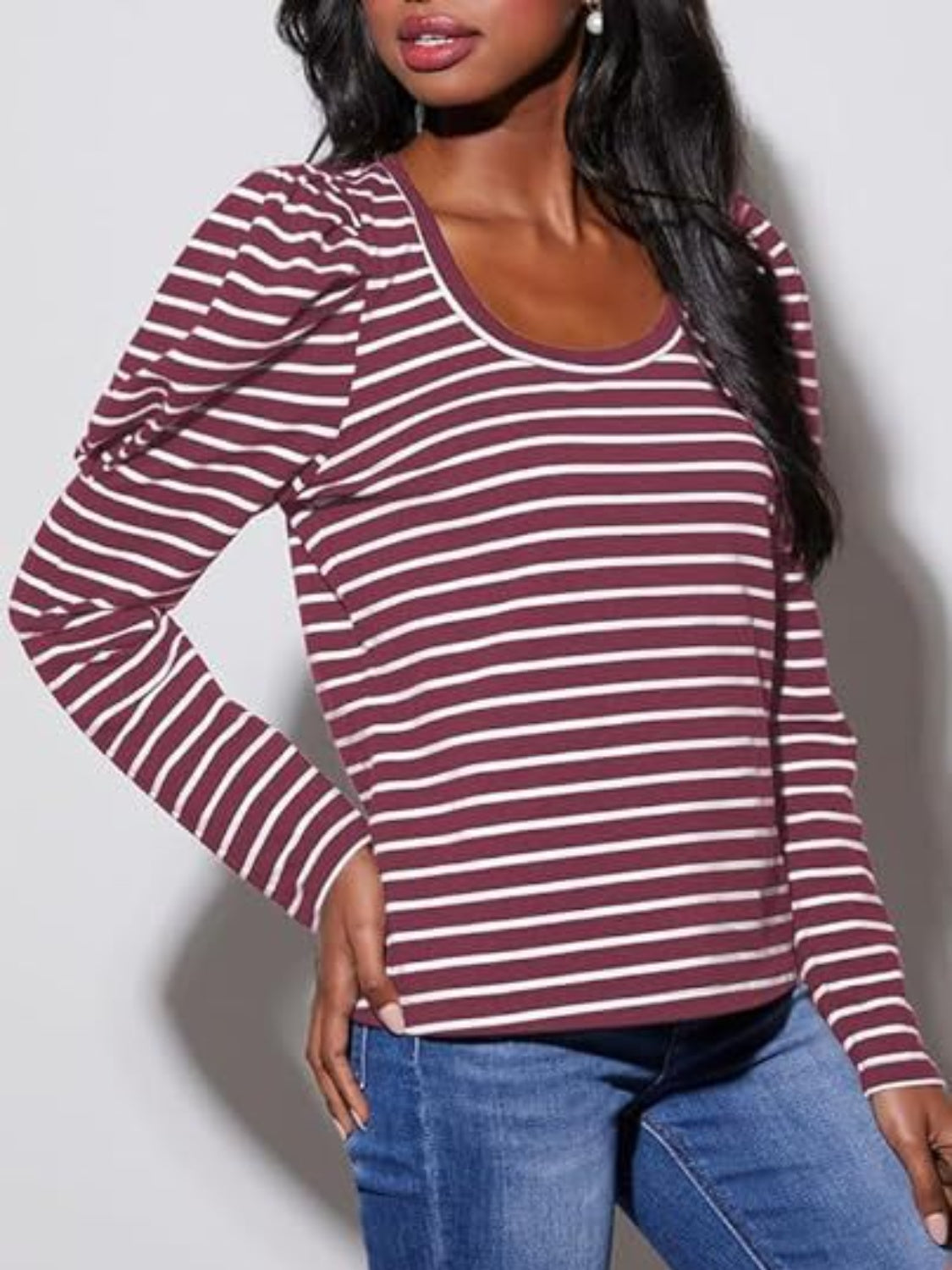 Striped Round Neck Long Sleeve T-Shirt-Angel Casuals