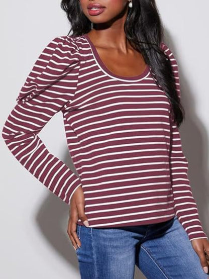 Striped Round Neck Long Sleeve T-Shirt-Angel Casuals