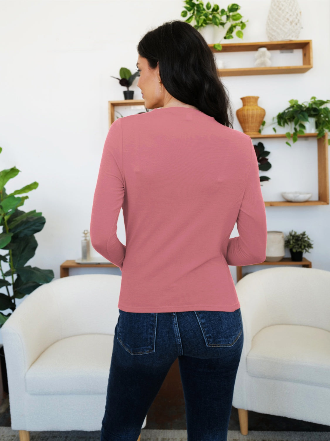 FAM-FAM Ruched Mock Neck Long Sleeve T-Shirt-Angel Casuals
