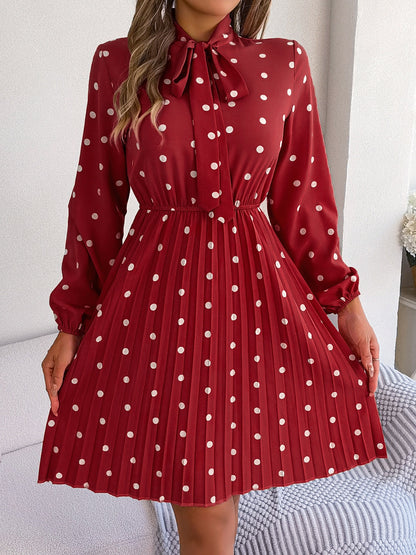 Polka Dot Tie Neck Pleated Dress-Angel Casuals