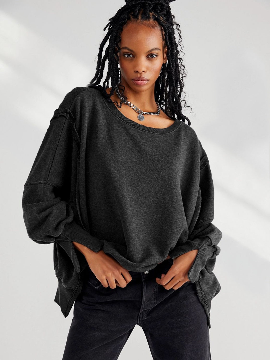 Slit Round Neck Dropped Shoulder T-Shirt-Angel Casuals