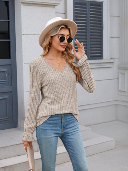 Lace Detail V-Neck Long Sleeve T-Shirt-Angel Casuals