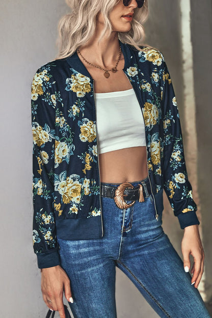 Floral Zip Up Ribbed Trim Bomber Jacket-Angel Casuals