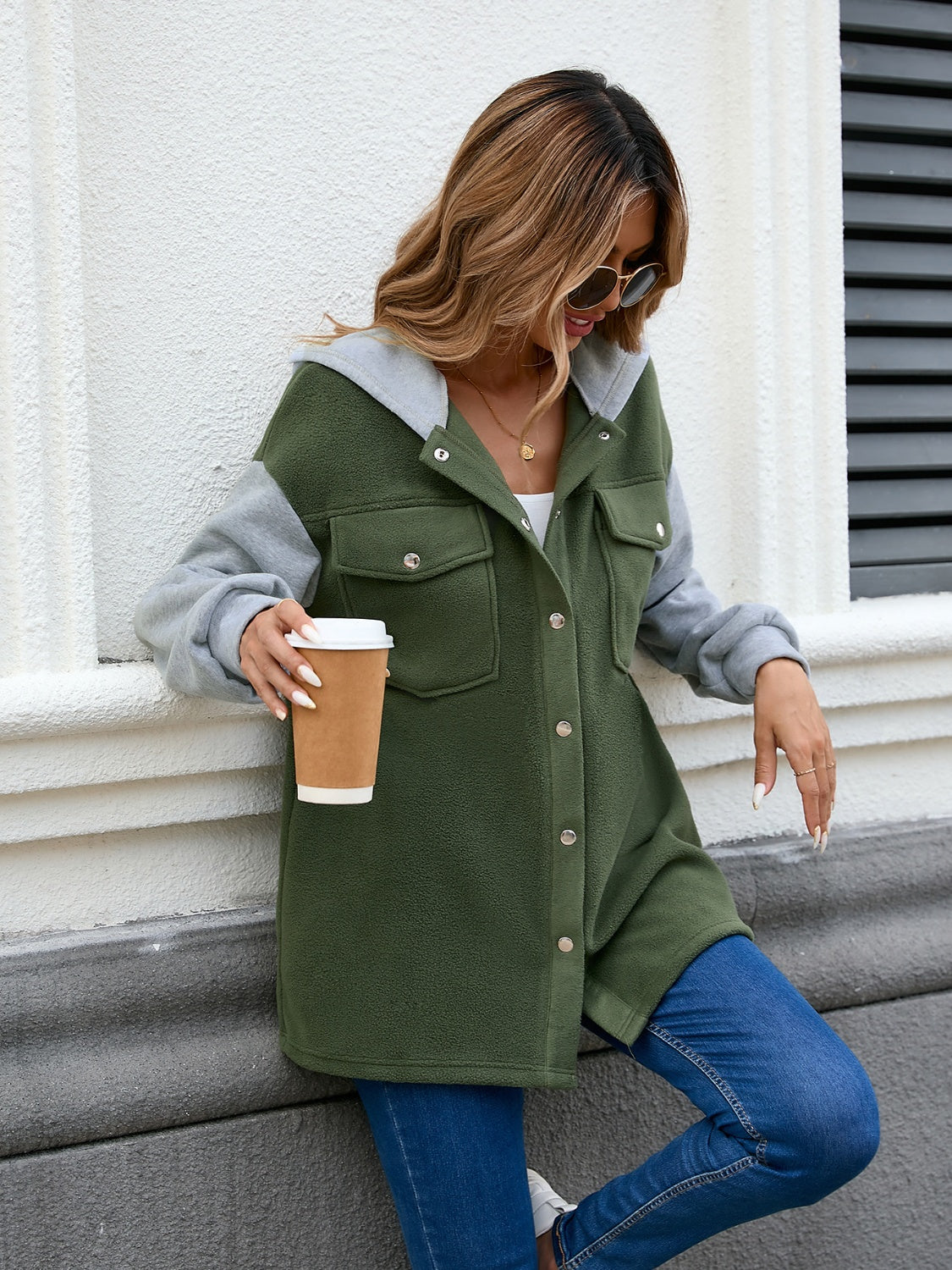 Pocketed Contrast Snap Down Hooded Jacket-Angel Casuals