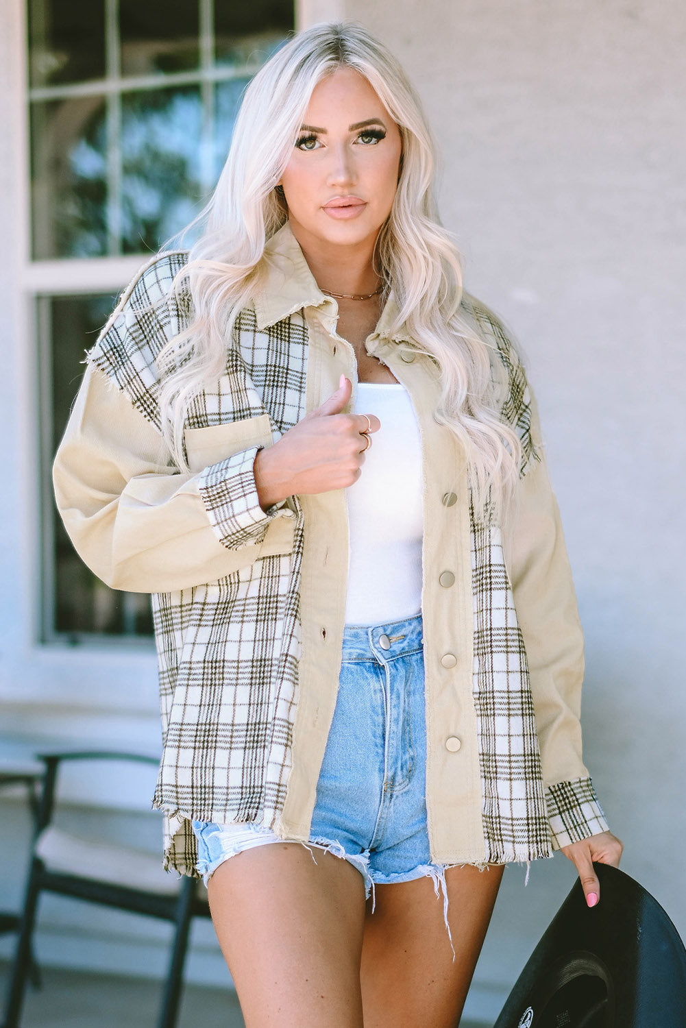 Plaid Raw Hem Button Down Jacket-Angel Casuals