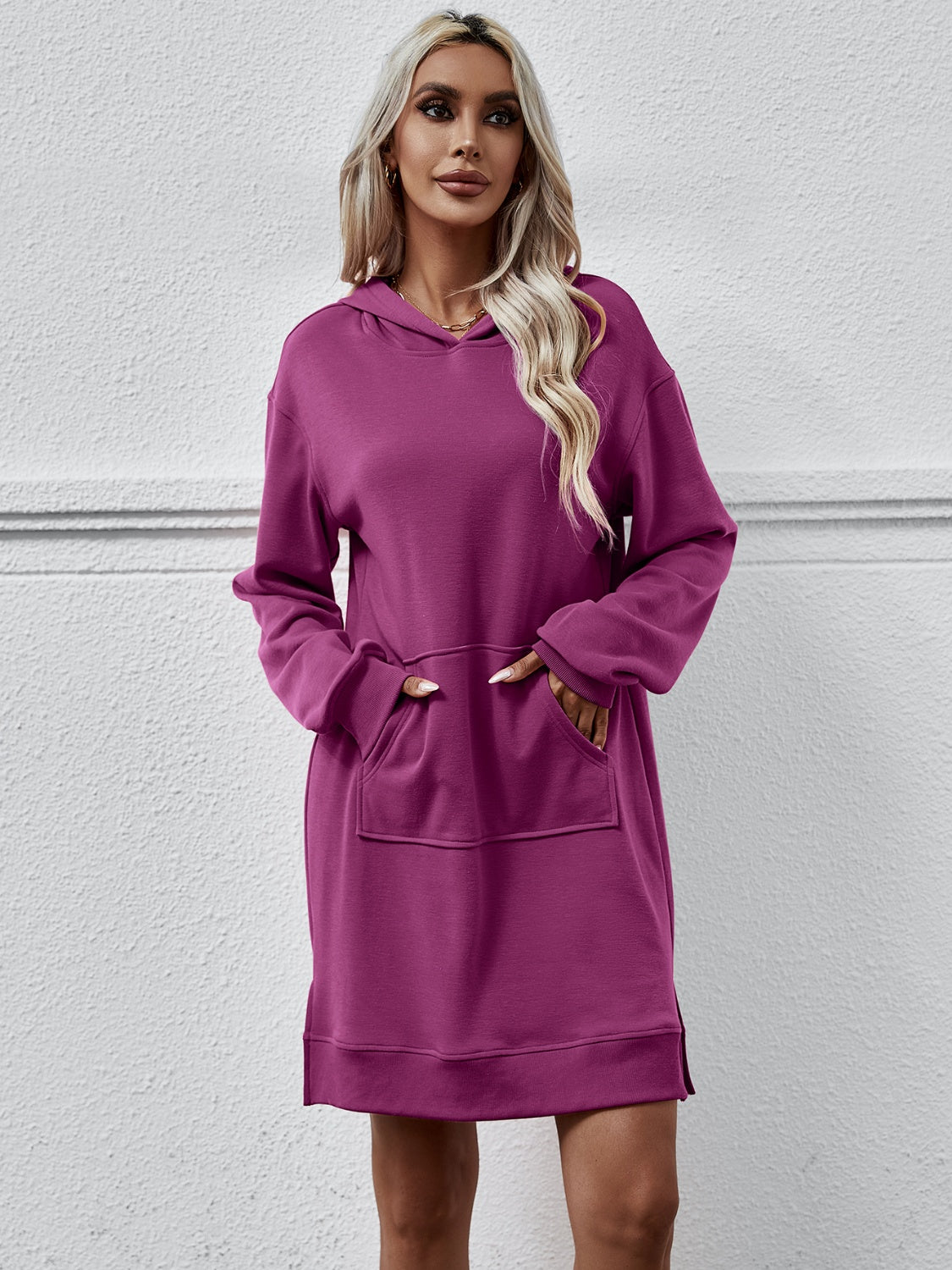 Slit Long Sleeve Hooded Dress with Pocket-Angel Casuals