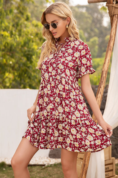 Floral Ruffle Trim Tie-Neck Dress-Angel Casuals