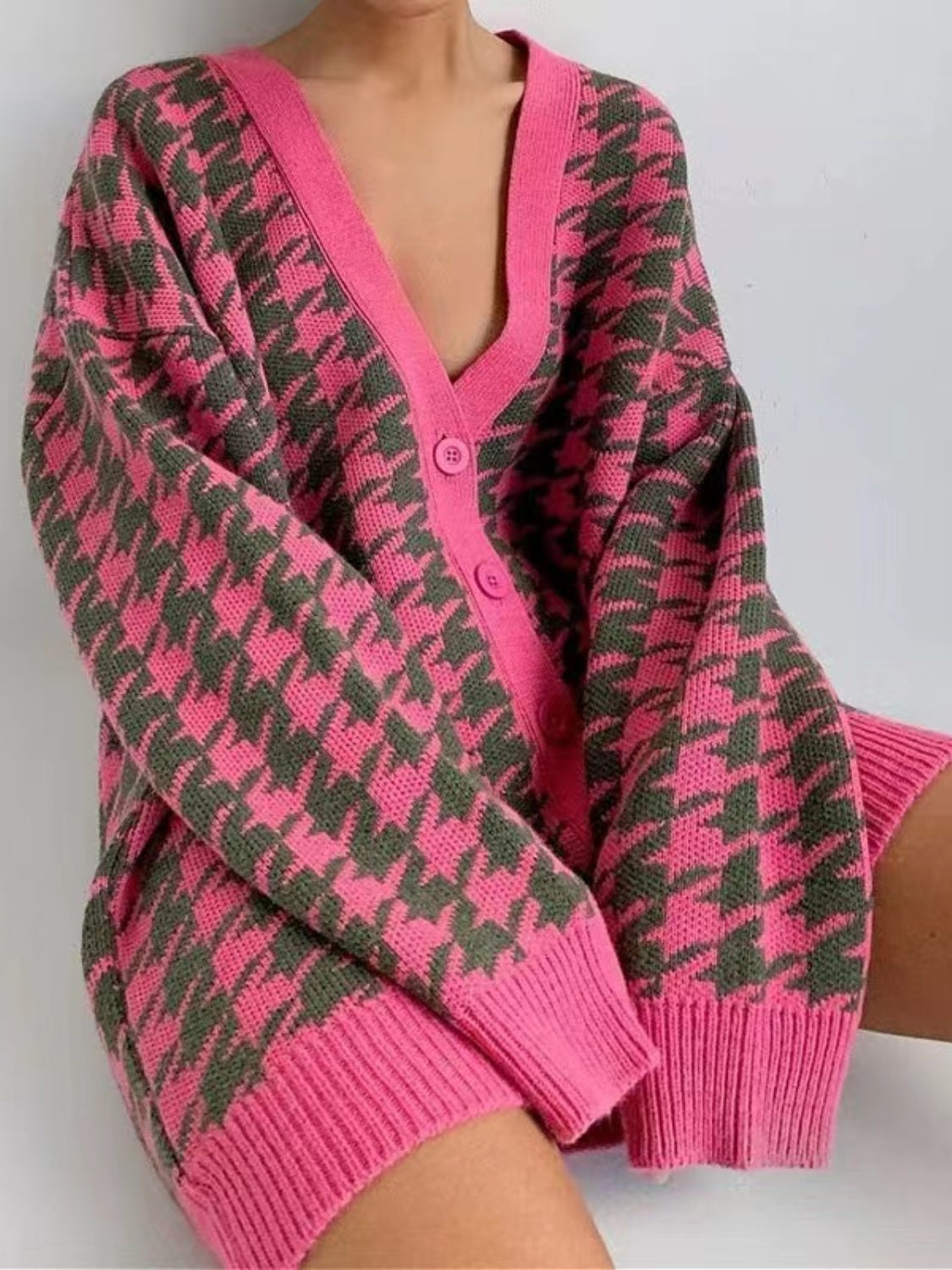 Houndstooth Button Up Long Sleeve Cardigan-Angel Casuals