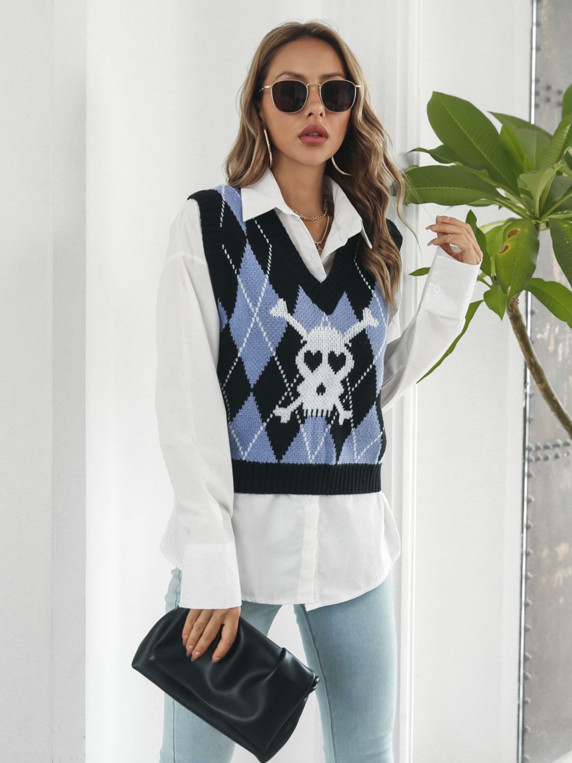 Skull Geometric V-Neck Sweater Vest-Angel Casuals