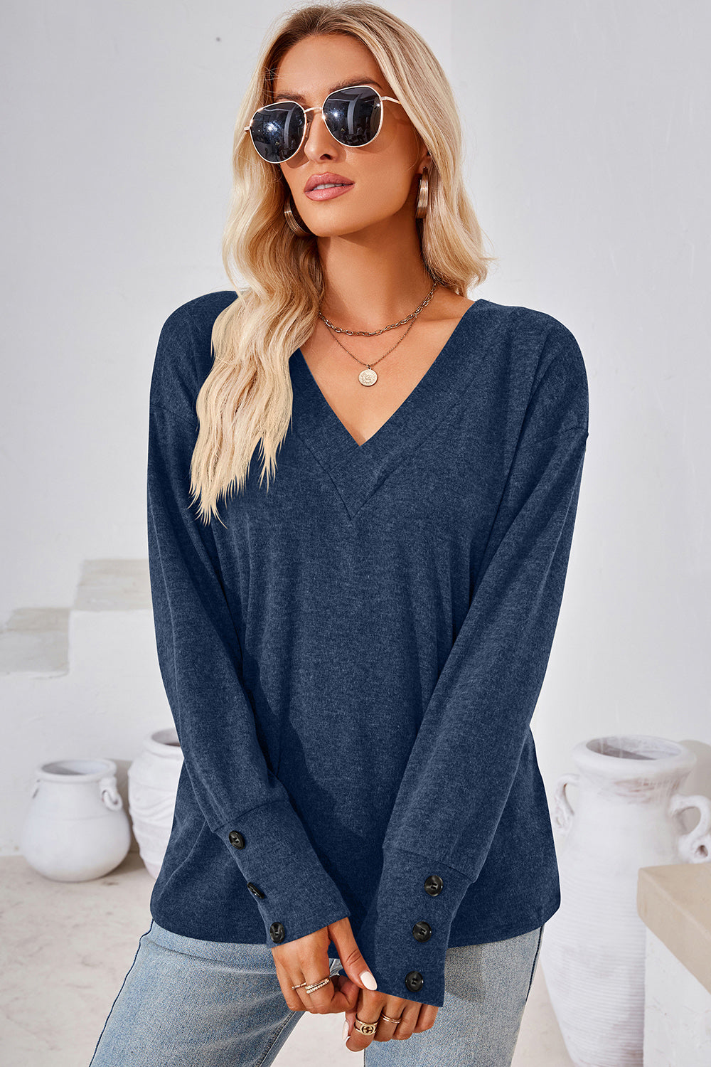 V-Neck Dropped Shoulder T-Shirt-Angel Casuals