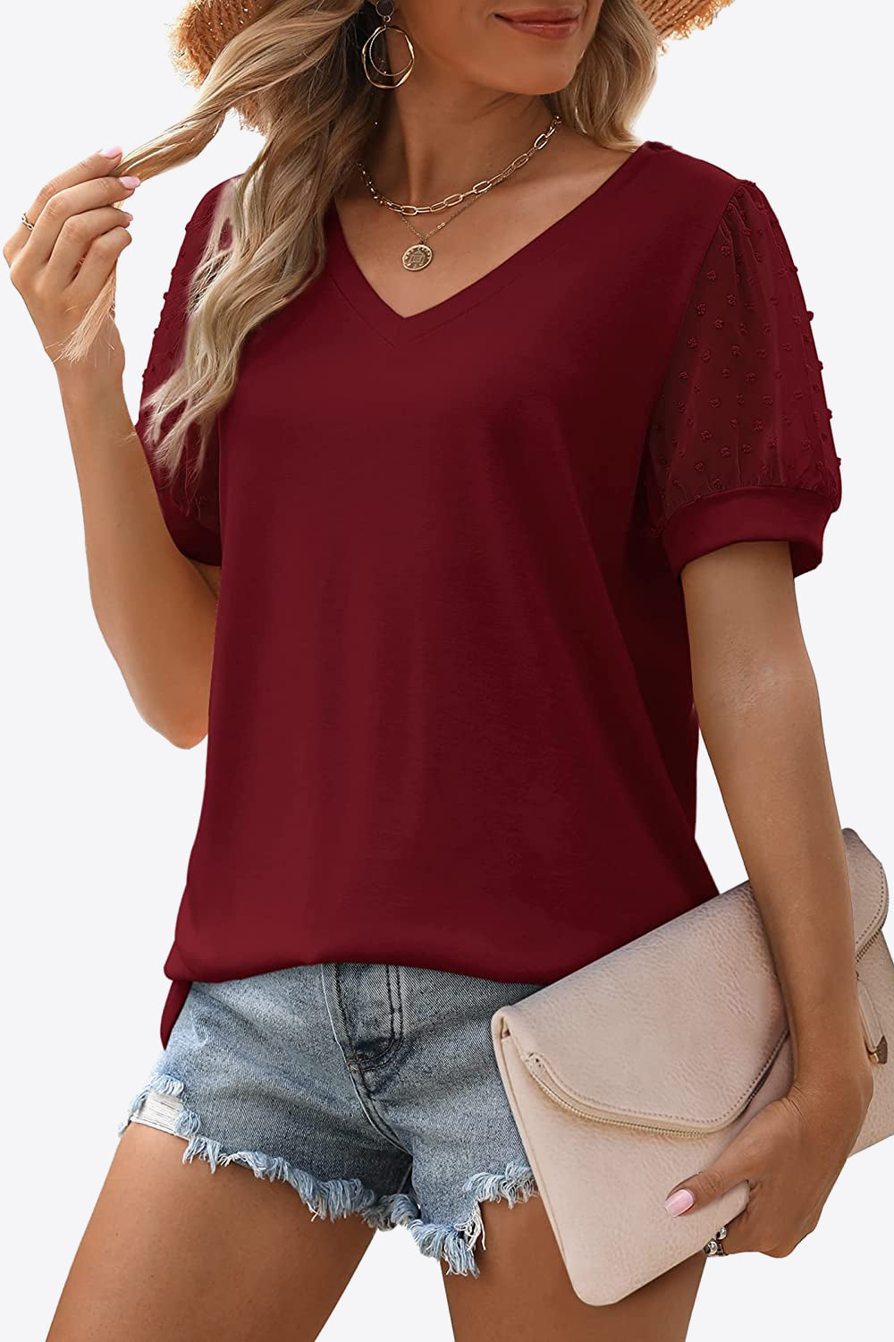 Swiss Dot Puff Sleeve V-Neck Tee-Angel Casuals